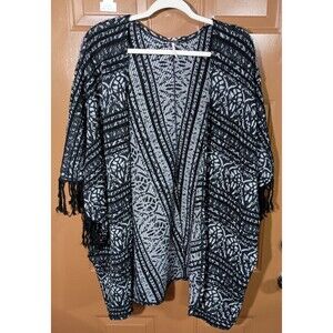 Free People M/L Kimono Cardigan  Front Sweater Lightweight Fringe Black White
